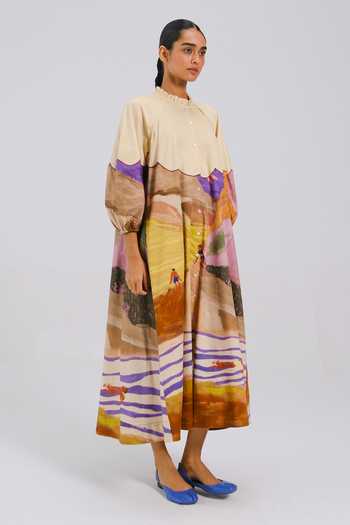 Cord_Multi Color Cotton Satin High Neck Deuce Swimmer Print Dress _Online_at_Aza_Fashions