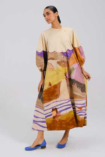 Buy_Cord_Multi Color Cotton Satin High Neck Deuce Swimmer Print Dress _Online_at_Aza_Fashions