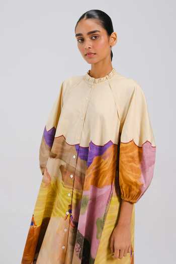 Shop_Cord_Multi Color Cotton Satin High Neck Deuce Swimmer Print Dress _Online_at_Aza_Fashions