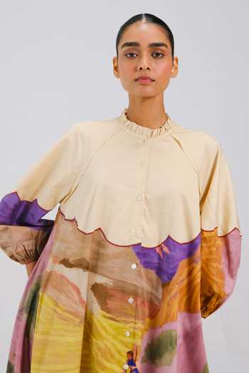 Cord_Multi Color Cotton Satin High Neck Deuce Swimmer Print Dress _at_Aza_Fashions