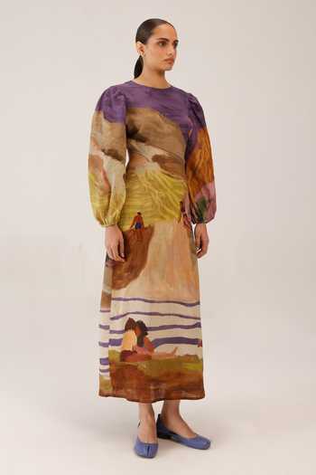Cord_Multi Color Linen Round Neck Swimmers Print Maxi Dress _Online_at_Aza_Fashions