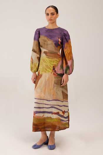 Buy_Cord_Multi Color Linen Round Neck Swimmers Print Maxi Dress _Online_at_Aza_Fashions