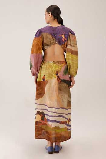 Cord Swimmers Print Linen Maxi Dress  