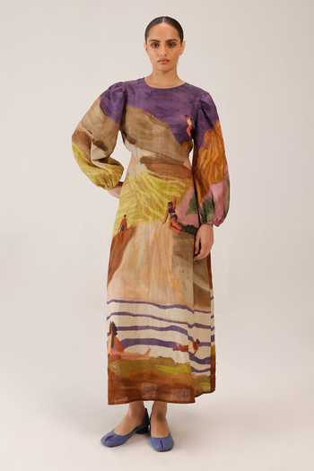 Cord Swimmers Print Linen Maxi Dress  