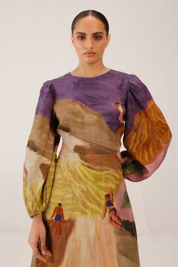 Shop_Cord_Multi Color Linen Round Neck Swimmers Print Maxi Dress _Online_at_Aza_Fashions