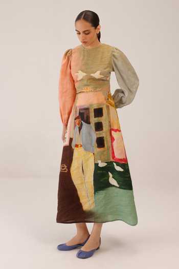 Buy Cord Multi Color Linen Round Neck Morning Coffee Print Euro Dress Online at Aza Fashions Buy_Cord_Multi Color Linen Round Neck Morning Coffee Print Euro Dress _Online_at_Aza_Fashions