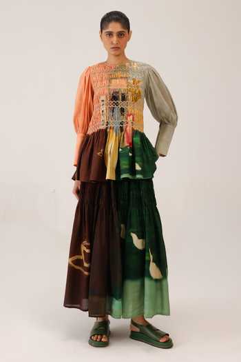 Cord_Multi Color Silk, Cotton Smocking Round Neck Gaia Printed Top _Online_at_Aza_Fashions