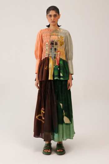 Buy_Cord_Multi Color Silk, Cotton Smocking Round Neck Gaia Printed Top _Online_at_Aza_Fashions
