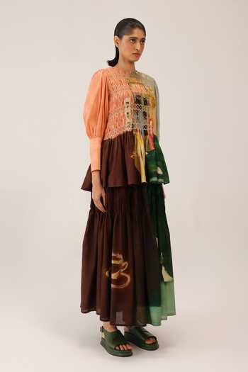 Shop_Cord_Multi Color Silk, Cotton Smocking Round Neck Gaia Printed Top _Online_at_Aza_Fashions