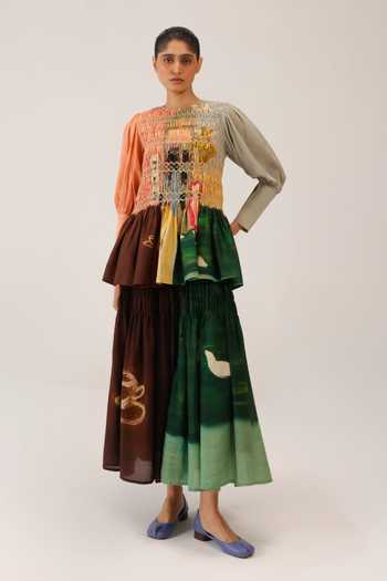 Cord_Multi Color Silk, Cotton Smocking Round Neck Gaia Printed Top _at_Aza_Fashions
