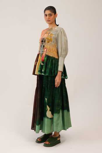 Buy_Cord_Multi Color Silk, Cotton Smocking Round Neck Gaia Printed Top 