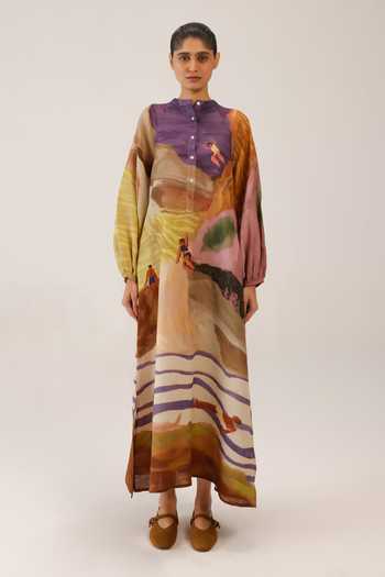 Cord Multicolor Linen Mandarin Collar Goa Swimmer Print Dress Online at Aza Fashions Cord_Multicolor Linen Mandarin Collar Goa Swimmer Print Dress _Online_at_Aza_Fashions