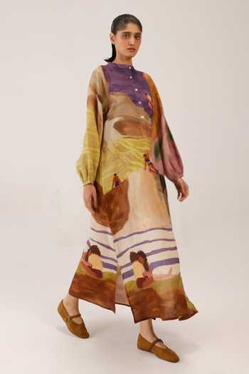 Buy Cord Multicolor Linen Mandarin Collar Goa Swimmer Print Dress Online at Aza Fashions Buy_Cord_Multicolor Linen Mandarin Collar Goa Swimmer Print Dress _Online_at_Aza_Fashions