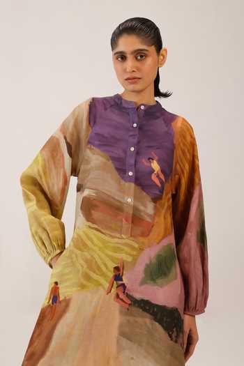 Cord Multicolor Linen Mandarin Collar Goa Swimmer Print Dress at Aza Fashions Cord_Multicolor Linen Mandarin Collar Goa Swimmer Print Dress _at_Aza_Fashions
