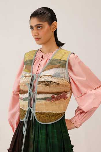 Cord_Multi Color Cambric Lace, Applique V-neck Waistcoat _Online_at_Aza_Fashions