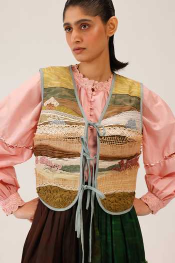 Buy_Cord_Multi Color Cambric Lace, Applique V-neck Waistcoat _Online_at_Aza_Fashions