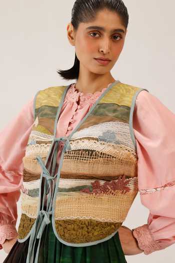 Shop_Cord_Multi Color Cambric Lace, Applique V-neck Waistcoat _Online_at_Aza_Fashions