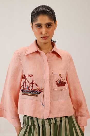 Cord_Pink Linen Embroidery Collared Fern Shirt _Online_at_Aza_Fashions