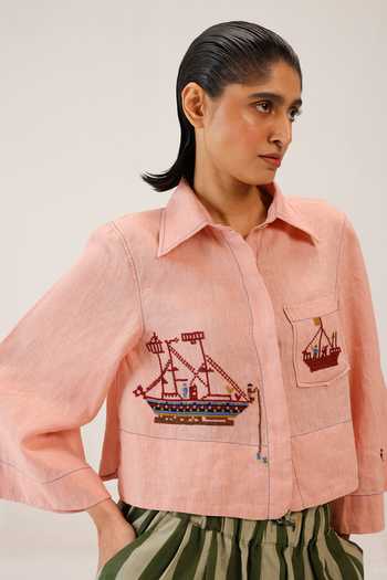 Buy_Cord_Pink Linen Embroidery Collared Fern Shirt _Online_at_Aza_Fashions
