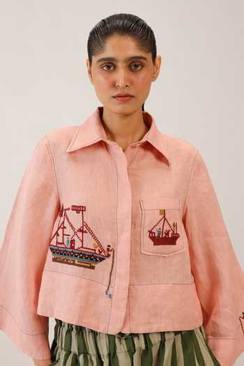 Shop_Cord_Pink Linen Embroidery Collared Fern Shirt _Online_at_Aza_Fashions