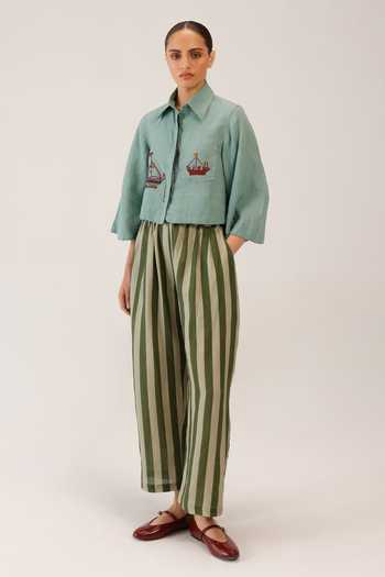 Cord_Blue Linen Embroidery Collared Fern Sailor Cropped Shirt _Online_at_Aza_Fashions