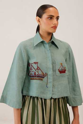 Buy_Cord_Blue Linen Embroidery Collared Fern Sailor Cropped Shirt _Online_at_Aza_Fashions