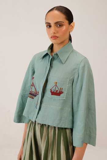Shop_Cord_Blue Linen Embroidery Collared Fern Sailor Cropped Shirt _Online_at_Aza_Fashions