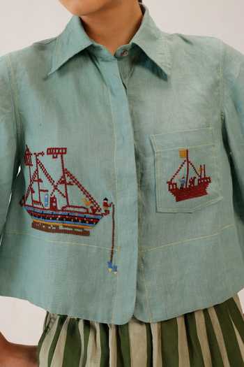 Cord_Blue Linen Embroidery Collared Fern Sailor Cropped Shirt _at_Aza_Fashions