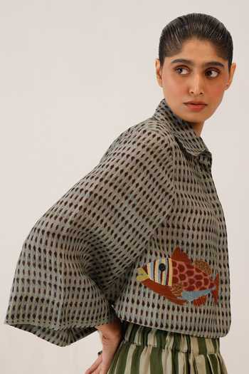 Cord_Green Linen Applique Collared Fern Fish Work Shirt _Online_at_Aza_Fashions