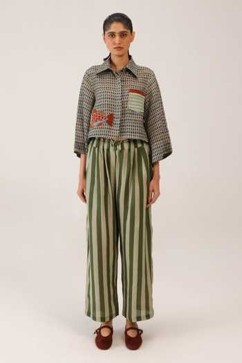 Buy_Cord_Green Linen Applique Collared Fern Fish Work Shirt _Online_at_Aza_Fashions