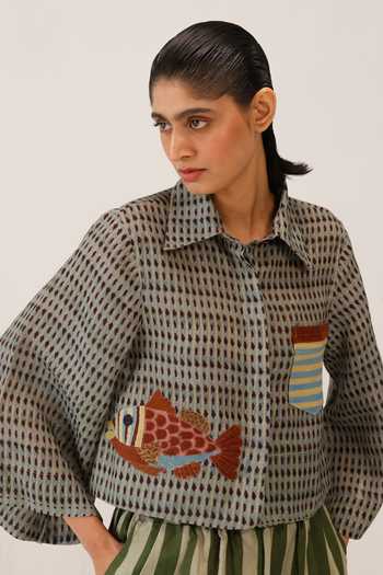 Shop_Cord_Green Linen Applique Collared Fern Fish Work Shirt _Online_at_Aza_Fashions