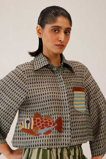 Cord_Green Linen Applique Collared Fern Fish Work Shirt _at_Aza_Fashions