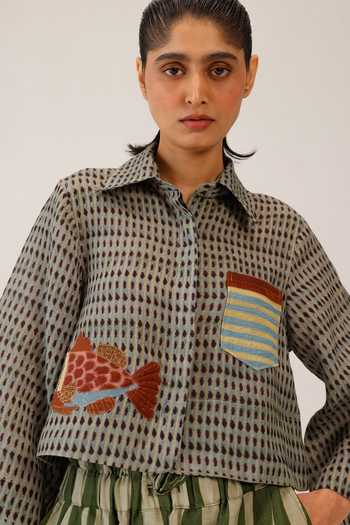 Buy_Cord_Green Linen Applique Collared Fern Fish Work Shirt 