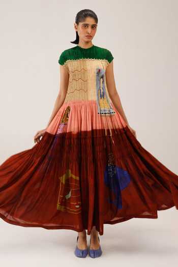 Cord_Multi Color Cotton Smocking High Neck July Loft Print Dress _Online_at_Aza_Fashions