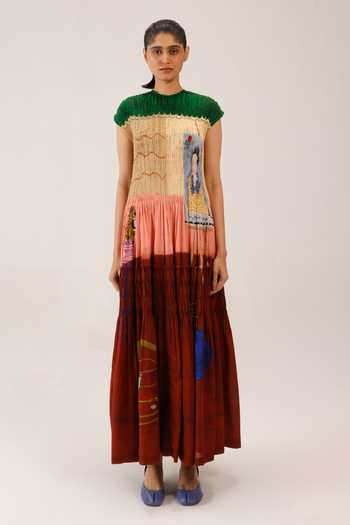 Buy_Cord_Multi Color Cotton Smocking High Neck July Loft Print Dress _Online_at_Aza_Fashions