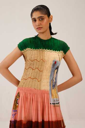 Cord_Multi Color Cotton Smocking High Neck July Loft Print Dress _at_Aza_Fashions