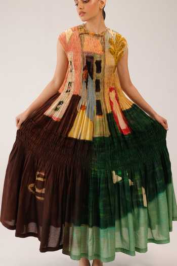 Cord_Multi Color Cotton Smocking Round Neck July Morning Coffee Print Dress _Online_at_Aza_Fashions