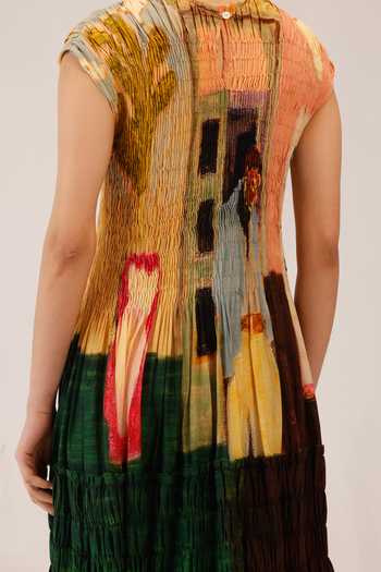 Cord_Multi Color Cotton Smocking Round Neck July Morning Coffee Print Dress _at_Aza_Fashions