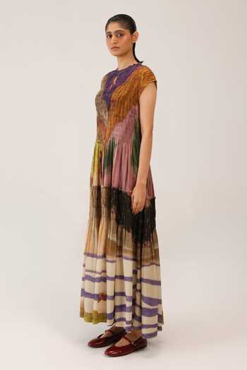 Cord_Multi Color Cotton Smocking Round Neck July Swimmers Print Dress _Online_at_Aza_Fashions