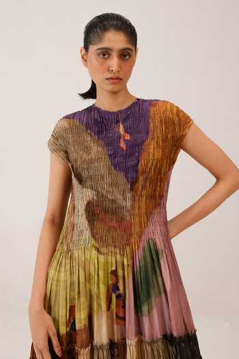 Buy_Cord_Multi Color Cotton Smocking Round Neck July Swimmers Print Dress _Online_at_Aza_Fashions