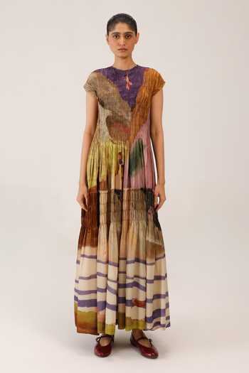 Cord_Multi Color Cotton Smocking Round Neck July Swimmers Print Dress _at_Aza_Fashions