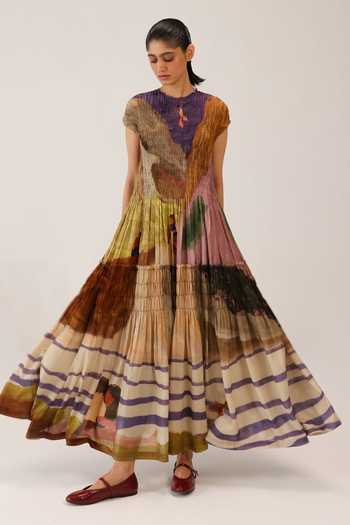 Buy_Cord_Multi Color Cotton Smocking Round Neck July Swimmers Print Dress 