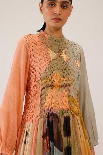 Cord_Multi Color Cotton Smocking High Neck June Dress _Online_at_Aza_Fashions