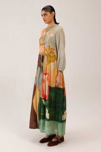 Shop_Cord_Multi Color Cotton Smocking High Neck June Dress _Online_at_Aza_Fashions