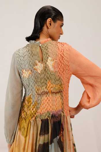 Cord_Multi Color Cotton Smocking High Neck June Dress _at_Aza_Fashions
