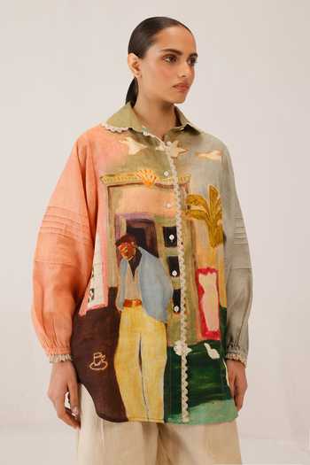 Cord_Multi Color Linen Lace Collared Moira Morning Coffee Shirt _Online_at_Aza_Fashions