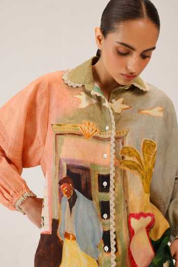 Cord_Multi Color Linen Lace Collared Moira Morning Coffee Shirt _at_Aza_Fashions