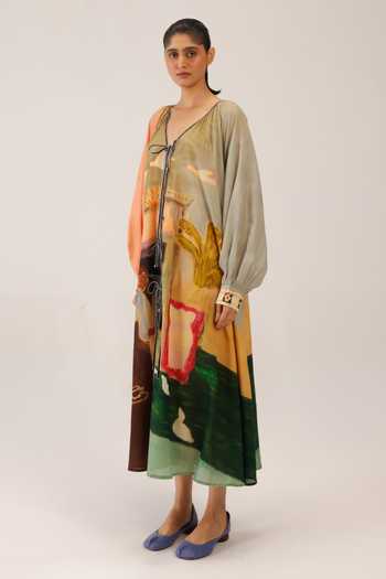 Cord_Multi Color Cotton Lace V-neck Joana Printed Dress _Online_at_Aza_Fashions