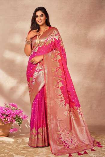 Khwaab By Sanjana Lakhani_Pink , Satin Embroidery, Tassels Bloom Woven Saree Set With Blouse _Online_at_Aza_Fashions