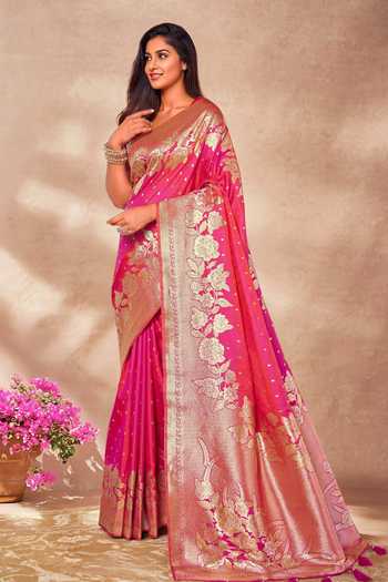 Buy_Khwaab By Sanjana Lakhani_Pink , Satin Embroidery, Tassels Bloom Woven Saree Set With Blouse _Online_at_Aza_Fashions